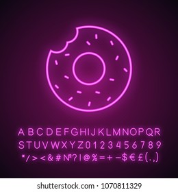 Bitten donut neon light icon. Bagel. Glowing sign with alphabet, numbers and symbols. Vector isolated illustration