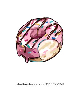 Bitten donut with pink glaze and chocolate topping