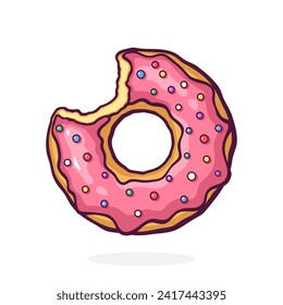 Bitten Donut with Pink Glaze and Colored Powder. Dessert Street Food. Vector Illustration. Hand Drawn Cartoon Clip Art With Outline. Graphic Element for Design. Isolated on White Background