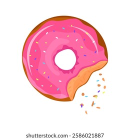 Bitten donut with pink glaze and coloured sprinkles, crumbs Sweet baking, dessert vector illustration donut icon on white background