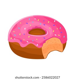 Bitten donut with pink glaze and coloured sprinkles. Sweet pastry, dessert vector illustration donut icon on white background