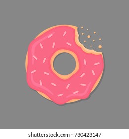 Bitten donut with pink icing and sprinkles. Cartoon doughnut. Vector donut icon. 