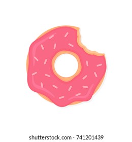 Bitten donut with pink icing and sprinkles. Vector, cartoon icon of a doughnut flat illustration, isolated on white background.