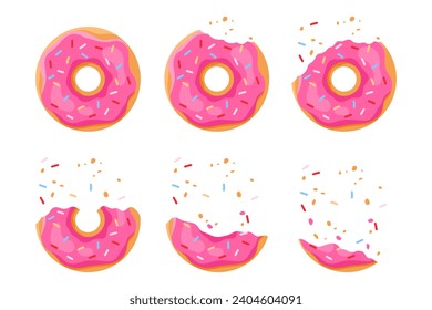 Bitten donut set, sequence game animation of eaten doughnut. Animated stages of eating food dessert of bakery, bite progression of round cake with pink cream and crumbs cartoon vector illustration