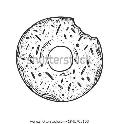 bitten donut sketch engraving vector illustration. T-shirt apparel print design. Scratch board imitation. Black and white hand drawn image.