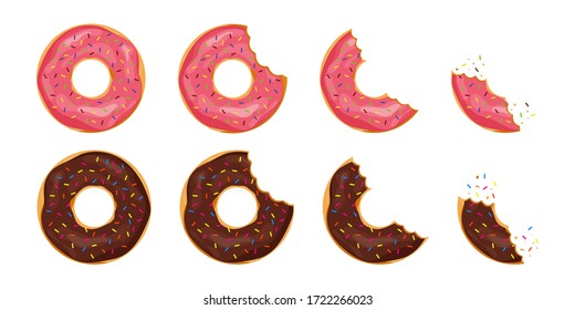 Bitten donut with sprinkles on isolated background. Cartoon tooth bite doughnut. Chocolate cake or biscuit for snack. Collection of tasty pastry from bakery. Candy glazed delicious donuts. vector