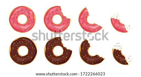 Bitten donut with sprinkles on isolated background. Cartoon tooth bite doughnut. Chocolate cake or biscuit for snack. Collection of tasty pastry from bakery. Candy glazed delicious donuts. vector
