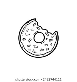 Gebissene Donuts mit Glasur und Nuss Streusel Top View Handgezeichnete Doodle Line Art Illustration Vektorgrafik Schwarze Linie auf weißem Hintergrund