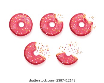 Bitten donuts. Realistic eaten donut, delicious biscuit with hole for Hanukkah, bite half doughnut colorful glazed topping and crumbs sugar delicacy icing vector illustration of bakery cake donut