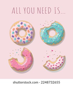 Bitten donuts set. Collection of graphic elements for website. Design element for invitation and greeting cards. Dessert or delicacy. Cartoon flat vector illustrations isolated on pink background