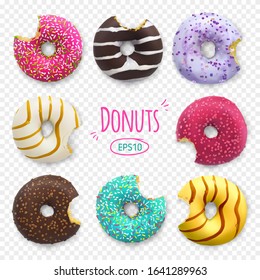 Bitten donuts vector illustration. Bakery sweet pastry food dessert with holes and donut collection isolated on transparent background. Sugar icing cakes with decoration and chocolate.