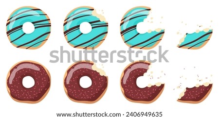 Bitten and eaten donut set of animation sequence. Stages of doughnut with mint and chocolate glaze eating, cake bites from whole to half and to small piece with crumbles, cartoon vector illustration