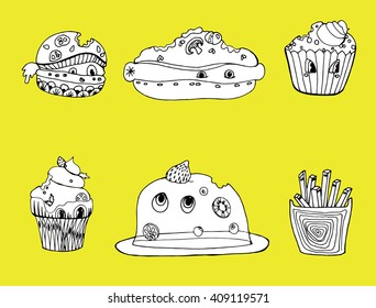 Bitten food. Set of monsters of food. Mutants. Line art. black and white drawing by hand. Cartoon sweets.
