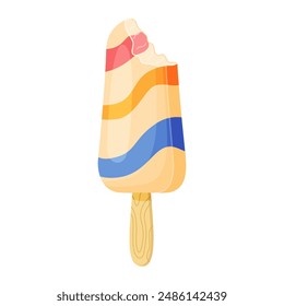 Bitten Fruit Ice cream on wooden stick. Colorful cold summer dessert with wavy stripes. Frozen juice Hand drawn flat style isolated, cheerful and summery appearance. Vector illustration