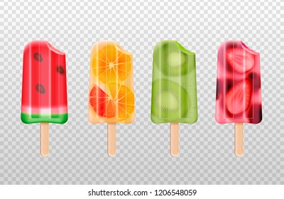 Bitten fruit popsicles ice cream realistic set of isolated fruity icecream stick images on transparent background vector illustration
