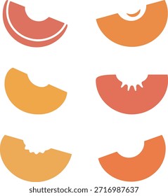 Conjunto de iconos de Vector de silueta de cuña de fruta mordida diseño de rebanada de melocotón naranja