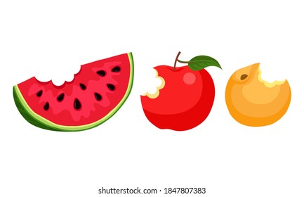 Bitten Fruits Isolated on White Background Vector Set