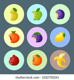 Bitten fruits vector vitamin food and vegetable cut nutrition agriculture bited by tooth fruits stamp delicious snack illustration