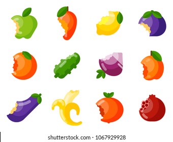 Bitten fruits vector vitamin food and vegetable cut nutrition agriculture bited by tooth fruits stamp delicious snack illustration