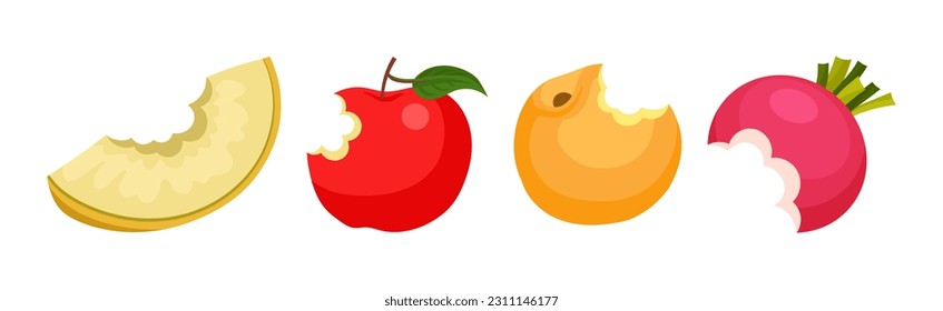 Bitten Fruits and Vegetables Isolated on White Background Vector Set