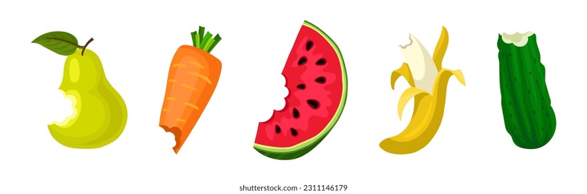 Bitten Fruits and Vegetables Isolated on White Background Vector Set