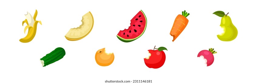 Bitten Fruits and Vegetables Isolated on White Background Vector Set