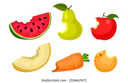 Bitten Fruits and Vegetables Vector Illustrated Set.