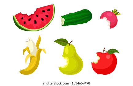 Bitten Fruits and Vegetables Vector Illustrated Set