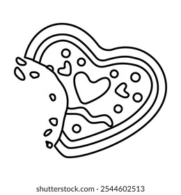 Bitten Gingerbread heart doodle style. Hand drawn black and white isolated holiday baking. Coloring page art therapy, line art Christmas sweet. Vector illustration