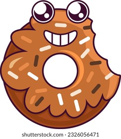 Bitten glazed caramel donut smiling character with filling and topping. Sweet morning breakfast. Cheerful mascot of children holiday and coffee party. Simple colored flat vector icon isolated on white