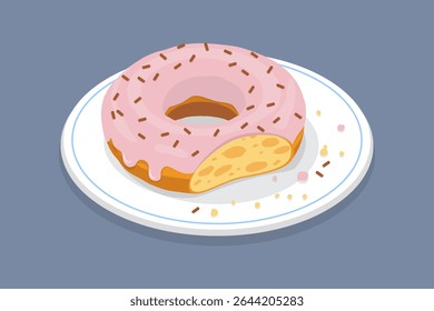 Rosca vitrificada mordida em um prato. Rosca com esmalte e decoração. Ilustração vetorial isométrica plana.