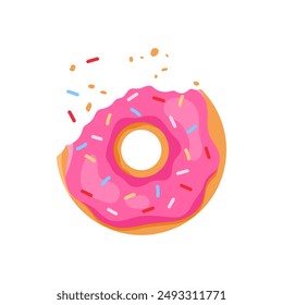 Bitten glazed donut while eating, doughnut with glaze and candy decoration vector illustration