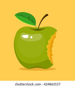Bitten green apple. Vector flat cartoon illustration