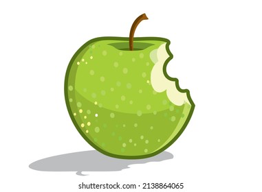 A bitten green vector apple. Juicy fruit isolated on white background. Granny Smith