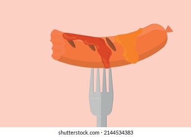 bitten grilled sausage on a fork with ketchup and mustard