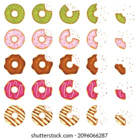 Bitten and half eaten donuts, doughnut pieces with crumbs. Cartoon delicious donut with various toppings, sweet pastry dessert vector set. Yummy bakery snack with glossy cream fasting