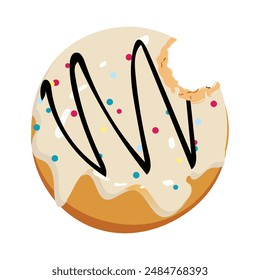 Gebissene und halb gegessene Donuts, Donuts. Dessert Donut gebissen. Sweet cake Icon Vektorillustration Design von Cartoon-Essen. Circle Doughnut mit glasierter und cremiger Farbe. Ein Stück Kuchen und ein Stück Kuchen.