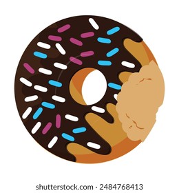 Bitten and half eaten donuts, doughnut pieces. Dessert doughnut bitten. Sweet cake Icon vector illustration design of cartoon food. Circle doughnut with glazed and cream. Set of half and bite of cake.