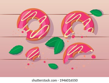 Bitten and half eaten pink donuts with white icing illustration. Colorful sweet doughnuts on table with leaves. Menu design, lunch, coffee break, unhealthy snack, cafe concept