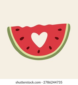 Bitten heart watermelon slice flat illustration