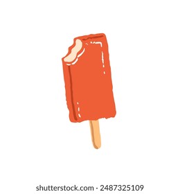 Helado mordido con glaseado de chocolate en barra. Helado glaseado en la barra. Paleta con relleno. Postre de leche congelada, comida fría para refrescarse. Ilustración vectorial dibujada a mano aislada plana en blanco