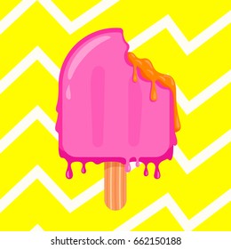Bitten Ice cream color vector flat illustration, best summer season sign, pink popsicle melts from the heat on yellow background