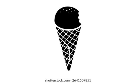 bitten ice cream in cone, black isolated silhouette