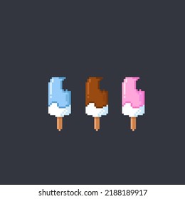 bitten ice cream with different flavor in pixel art style