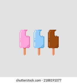 bitten ice cream with different flavor in pixel art style