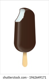 Bitten ice cream Eskimo vector illustration. Chocolate covered Popsicle with wooden stick isolated on white background.