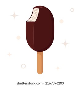 Bitten ice cream. Glazed ice cream on stick, white background. Eskimo pie. Vanilla popsicle in chocolate. Sweet summer dessert. Simple ice cream icon. Flat vector illustration in cartoon style