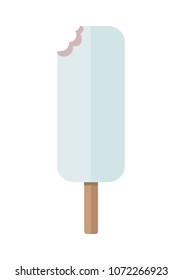 Bitten ice cream on stick. Eskimo in white chocolate. Vector in flat design. Refreshing cold dessert. Summer sweets. Illustration for food concepts, diet infographic, icons or web design. 