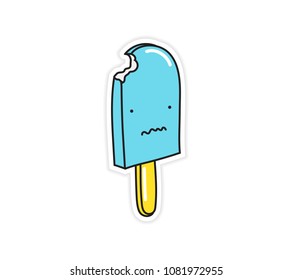 Bitten ice cream on a stick with distorted smile. Sticker vector illustration. Trend hand drawing picture. Pop art fashion chic patch, pin, badge