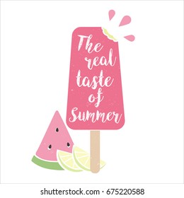 Bitten ice cream and slice of a watermelon with lettering. The real taste of summer concept. Vector illustration
